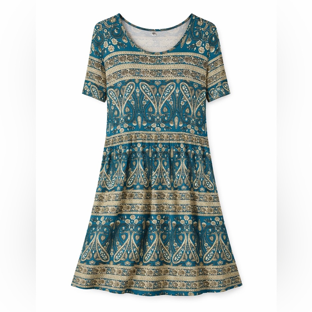 Your Style 3XL Teal Paisley Boho Dress Plus Size Glowy A-Line Side Pockets NWOT